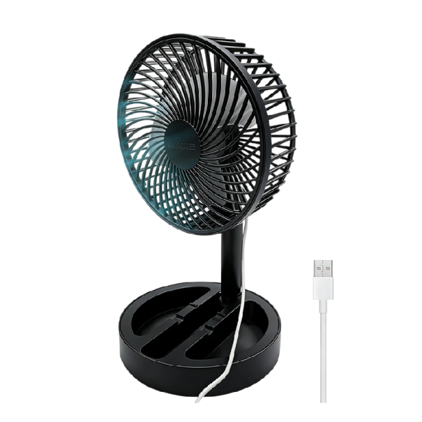 Skládací stolní USB ventilátor s teleskopickou nohou výška 30 cm napájení 5V 6W pro pracovní stůl, ložnici, cestování i kemp černá