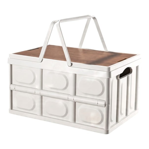 Skladacia plastová kempingová bedňa s viečkom a úchytmi 15 l 33 x 24 x 17 cm PP a drevená doska Biela Úložný box do auta na piknik a výlety 1