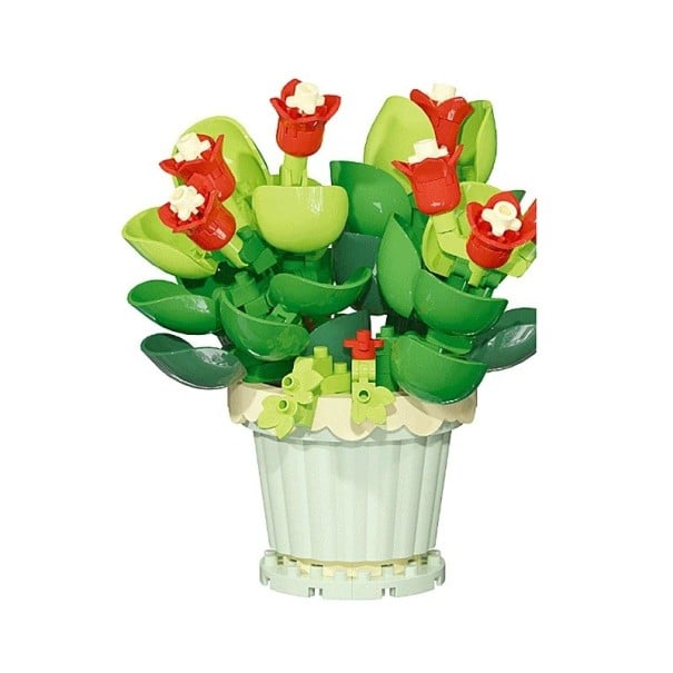 Skládačka kvetina červené tulipány v zelenom kvetináči 9 × 8 cm dekorácia z plastových stavebnicových kociek 1