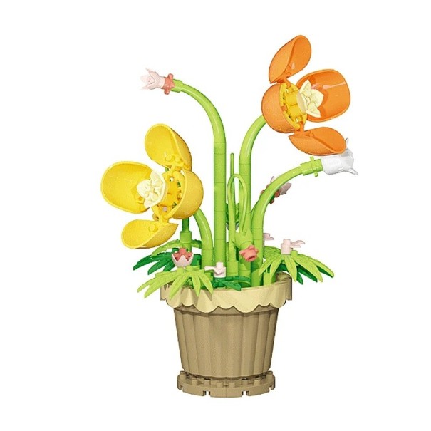 Skládačka květina žlutá a oranžová orchidej v béžovém květináči 12 × 8,3 cm dekorace z plastových kostek 1