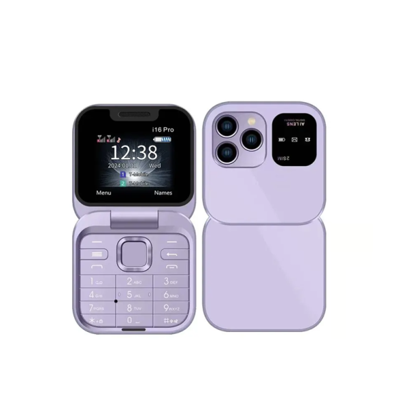 Składany mini telefon SERVO i16 Pro 2G Flip 2SIM 1,77&quot; TFT Latarka LED Radio FM typu C Gniazdo 3,5 mm microSD 1000 mAh Bluetooth Wielojęzyczny fioletowy