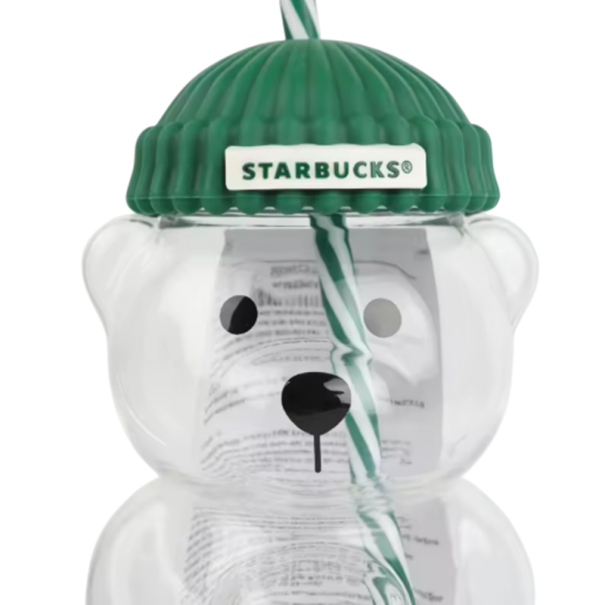 Skleněný hrnek Bearista s brčkem 400 ml borosilikátové sklo zelené víčko ve tvaru čepice na ledovou kávu i jako dárek do kavárny 1