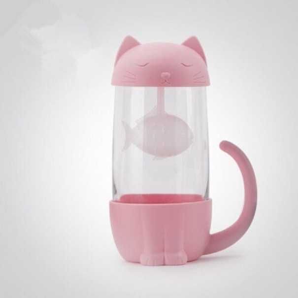 Skleněný hrnek s filtrem ve tvaru kočky růžová