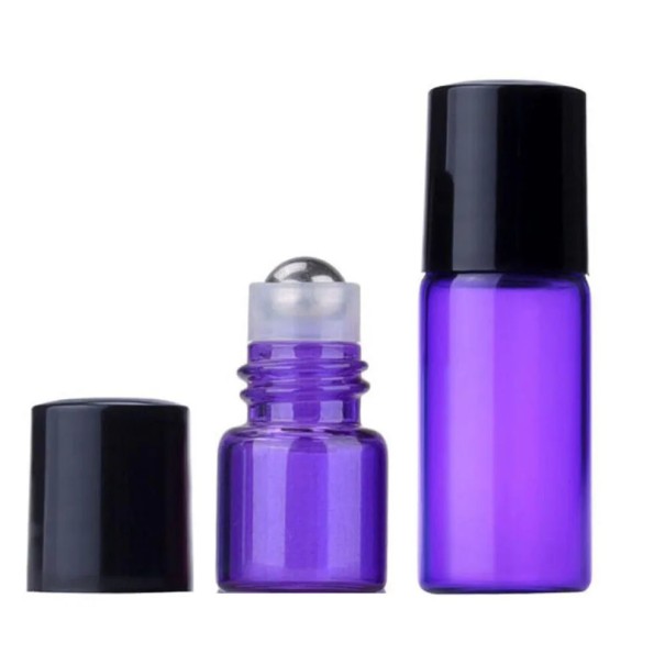Skleněný roll on aplikátor na parfém a oleje 3 ml 45×15 mm kompaktní lahvička s kuličkou pro přesné dávkování na cesty fialová