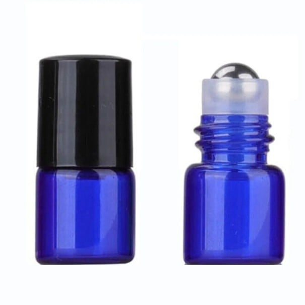 Skleněný roll on aplikátor na parfém a oleje 3 ml 45×15 mm kompaktní lahvička s kuličkou pro přesné dávkování na cesty modrá