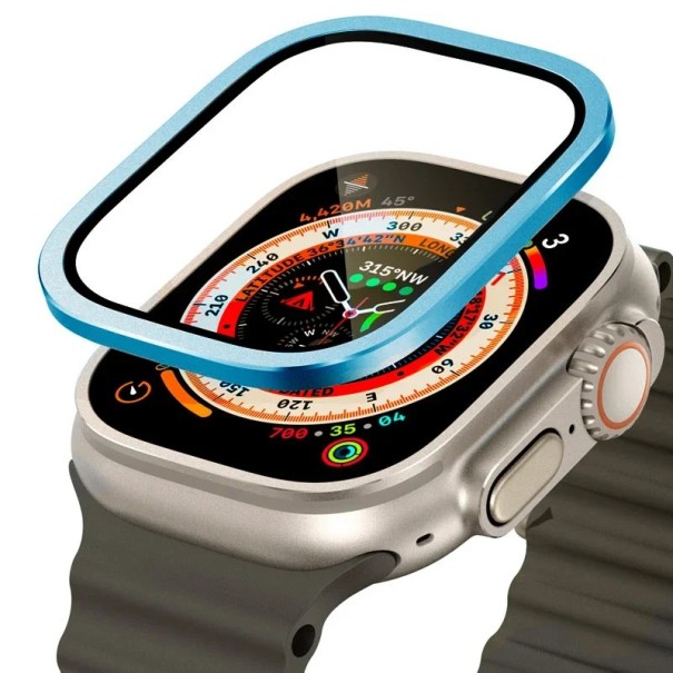 Sklo pro Apple Ultra 2 49 mm tvrzené sklo s kovovým rámem ochranný kryt displeje nárazuvzdorné pouzdro proti škrábancům pro Apple Watch modrá