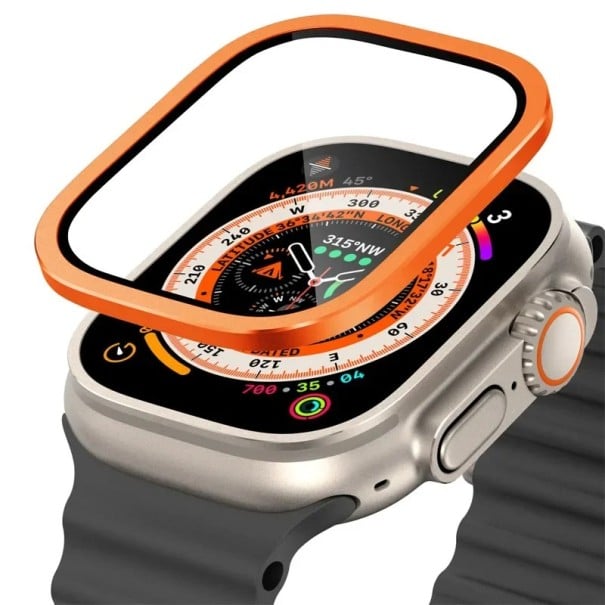 Sklo pro Apple Ultra 2 49 mm tvrzené sklo s kovovým rámem ochranný kryt displeje nárazuvzdorné pouzdro proti škrábancům pro Apple Watch oranžová