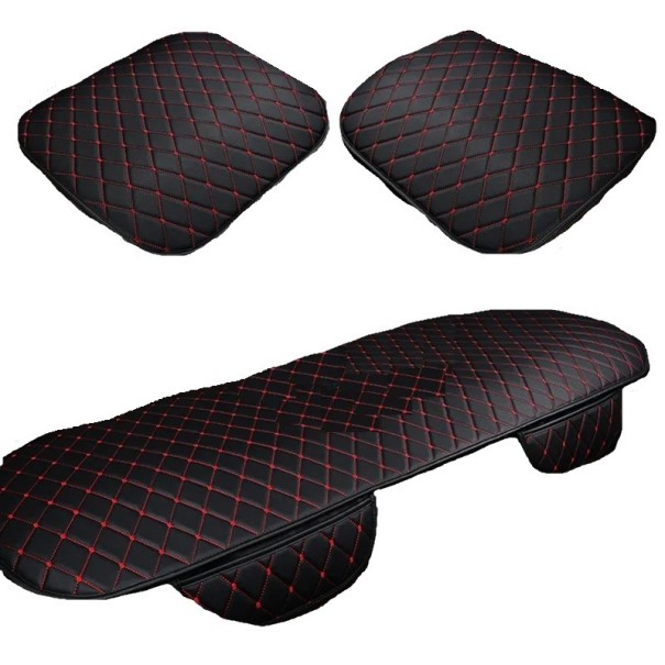 Skórzane pokrowce na tylne i przednie siedzenia samochodu Komplet pokrowców na siedzenia samochodowe z czerwonymi przeszyciami Skórzane poduszki na siedzenia samochodowe 3 szt 1