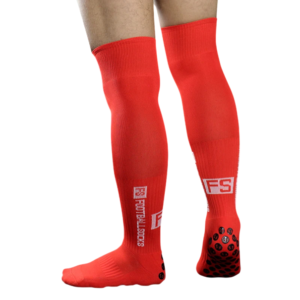 Skridsikre fodboldsokker, sportsknæsokker, unisex, elastiske, åndbare, knæhøje, til fodbold, træning og kampe rød