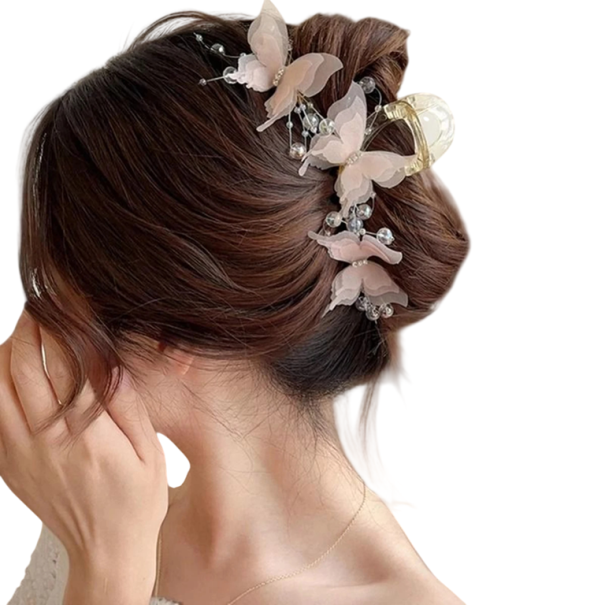 Skřipec do vlasů 15,5 cm Jemná vílí spona s motýlky a korálky Elegantní dámská ozdobná spona pro slavnostní účesy svatba Champagne