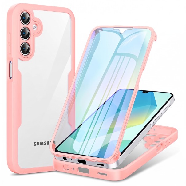 Skyddande skal med glas för Samsung Galaxy A55 5G Främre och bakre skydd 360° Förhöjda kanter Stötsäkra hörn Hållbart dubbelsidigt mobilskal rosa