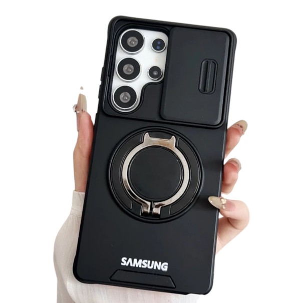 Skyddande skal med stativ för Samsung Galaxy A05 Magnetiskt och hållbart Skjutbart skydd för kameran Ring på baksidan För trådlös laddning svart