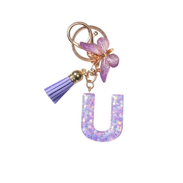 Sleutelhanger 4 cm Hars sleutelhanger Paarse initialen en vlinder Decoratieve versiering voor handtas rugzak Cadeau voor vrouwen U