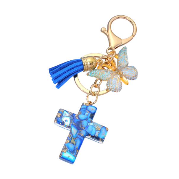 Sleutelhanger Hars zinklegering Kruis en vlinder Metaal sleutelhanger Decoratieve versiering voor handtas rugzak Cadeau voor vrouwen blauw