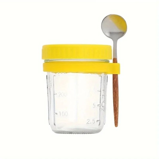 Słoik szklany na żywność 350 ml z pokrywką i łyżeczką 12 x 9 cm Zamykany pojemnik na przekąski Słoik na musli Jogurt do pracy Lunch szkolny żółty