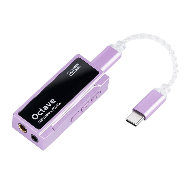 Sluchátkový zesilovač Octave s DAC 32 bit a 768 kHz DSD256 konektory 3,5 mm i 4,4 mm výkon 550 mW při 32 ohmech pro telefon a PC fialová