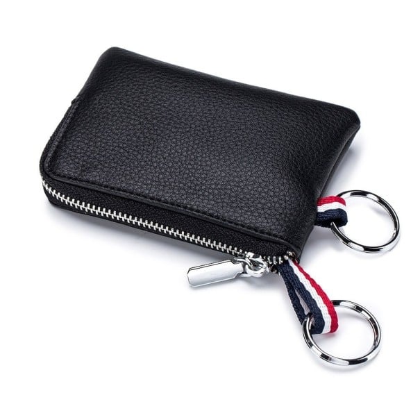 Small Zip Pouch in Genuine Leather Two Metal Key Rings Striped Textile Loops Grainy Surface Size 7.5 x 1 x 10.5 cm black