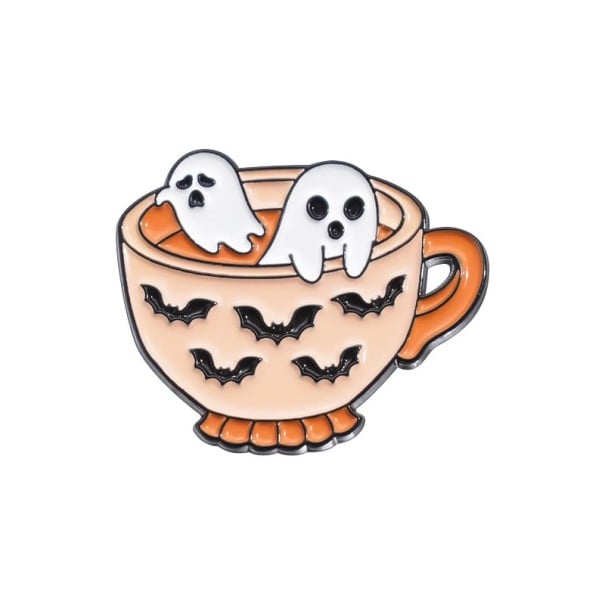 Smaltovaný pin čajový šálek s duchmi 3 × 2,5 cm kovový béžovo oranžový odznak na batoh klopu oblečenia Halloween doplnok 1