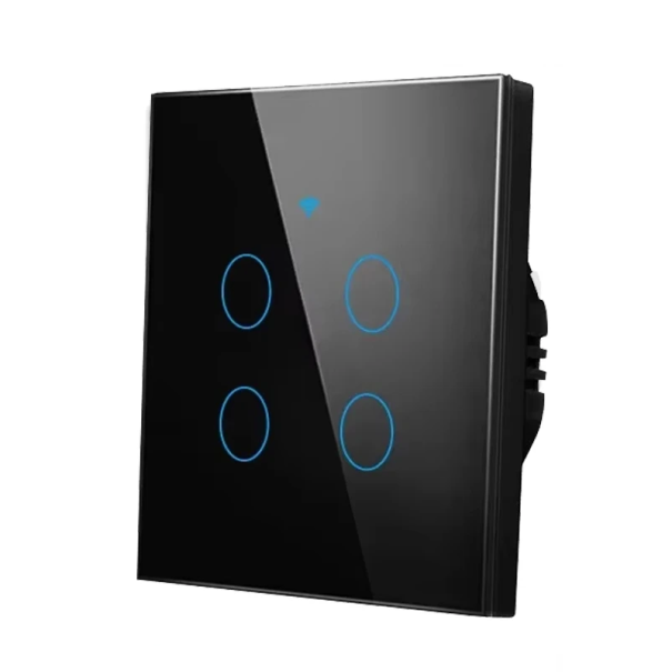 Smart berøringsfølsom vægkontakt WiFi 220V 4 gang 433MHz med styring via app iOS/Android 8,6 x 8,6 cm sort