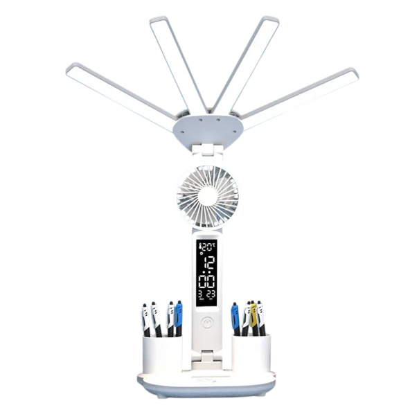 Smart LED Light with Fan and Display USB Rechargeable Desk Lamp with Temperature and Time Pencil Holder 3 Light Colours 1