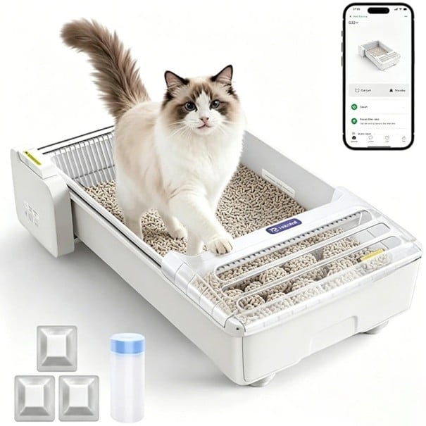 Smart Self-Cleaning Cat Litter Tray in White Open Design with 4 Weight Sensors App Control and Transparent Waste Container 1