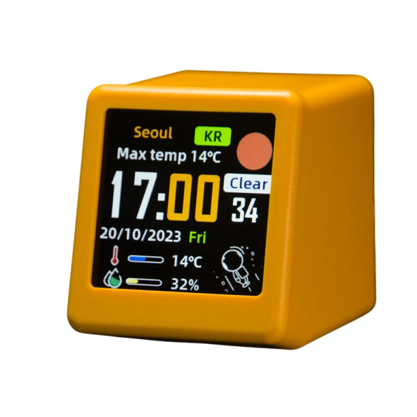 Smart WiFi-väderstation 4,5 x 3,5 x 4 cm Färgdisplay Aktuellt väder och luftfuktighet Utomhustemperatur USB-strömförsörjning GIF-animering Inget batteri gul