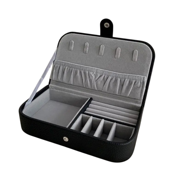 Smykkeskrin med organizer til ringe, øreringe og halskæder 19,5 × 11 × 4,5 cm i kunstlæder farvet opbevaringsboks til smykker sort