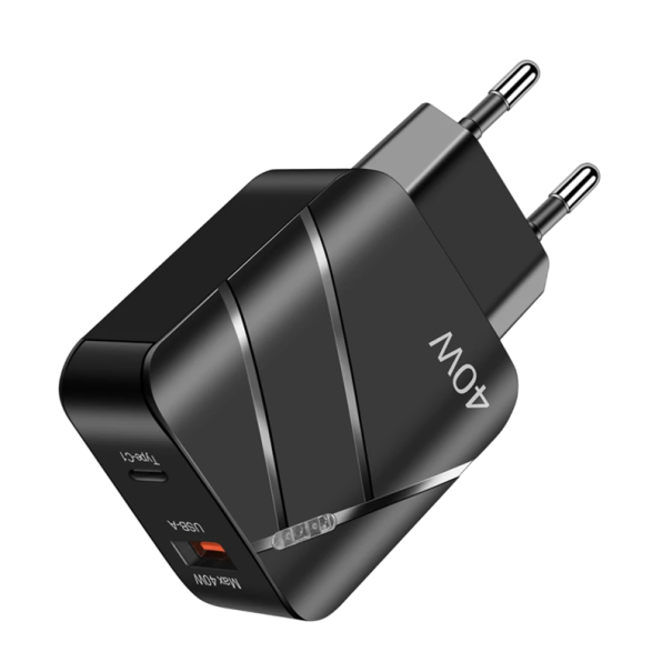 Snabbladdare 40W med USB C- och USB A-portar EU-kontaktadapter PD- och QC 3.0-snabbladdare 12V/2.1A nätladdare 100-240V svart