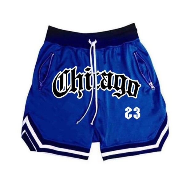 Snel drogende sportshorts voor heren Chicago basketbal fitnessshorts met ritszakken Losse trainingsshorts voor de zomer blauw M