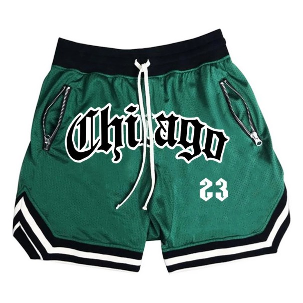 Snel drogende sportshorts voor heren Chicago basketbal fitnessshorts met ritszakken Losse trainingsshorts voor de zomer groen L