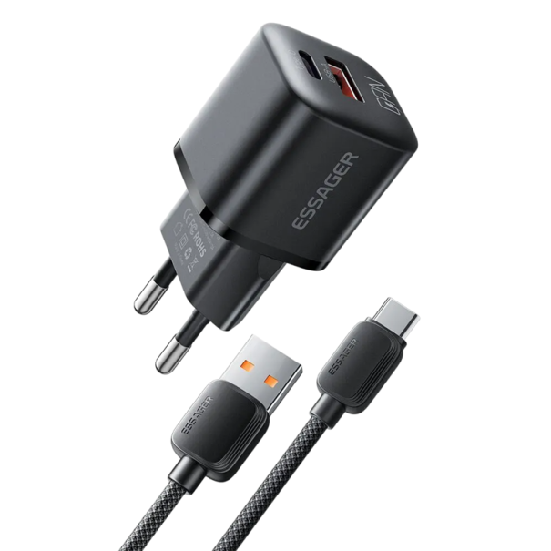 Snelle opladeradapter 20W GaN USB C en USB A dubbele poort oplader met USB A naar USB C PD QC 3.0-kabel EU-stekker Snel opladen 100-240V