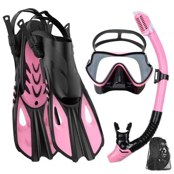 Šnorchlovací set L/XL Plavecké ploutve 42-47 18 x 41,5 cm Potápěčská maska a dýchací šnorchl Výbava pro rekreační plavání a objevování pod vodou růžová