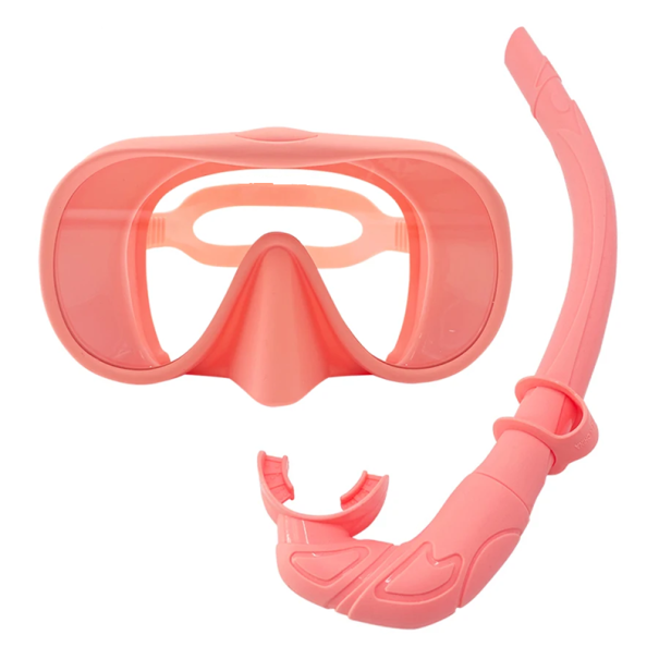 Snorkelling Set 180° Panoramic Mask with Tempered Glass Anti-Fog and Silicone Folding Snorkel for Diving pink