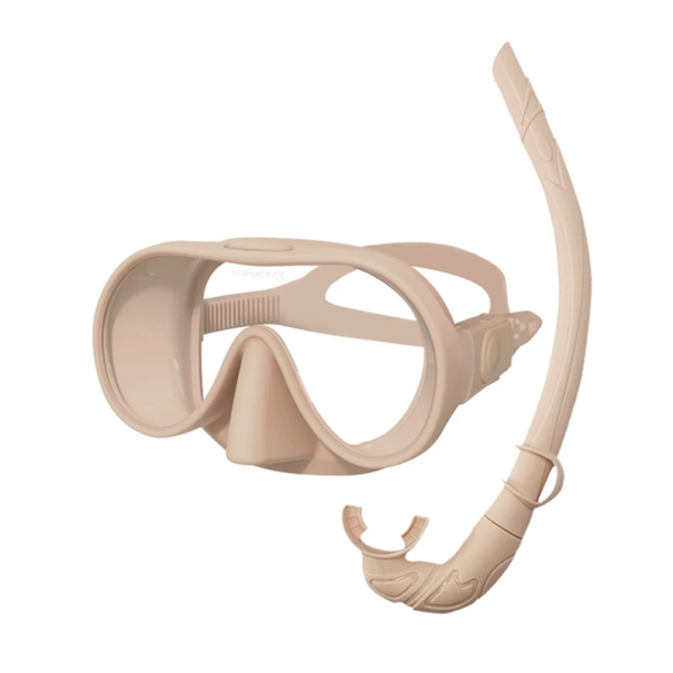 Snorkelsæt 180° panoramisk maske med hærdet glas mod dug og sammenfoldelig silikone snorkel til dykning brun