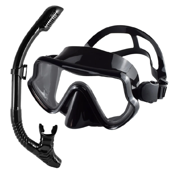 Snorkelset Bril 16,5 x 8,8 cm met siliconen afdichting Gehard glas Snorkel 43 cm met ventiel Duikuitrusting zwart