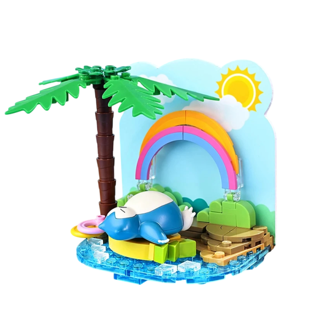 Snorlax bouwpakket 14,2 x 13 x 11,4 cm Pokemon-figuur met regenboog en palmboom Decoratie voor kinderen Opvouwbare basis Kinderbouwpakket Leeftijd 6+ 1