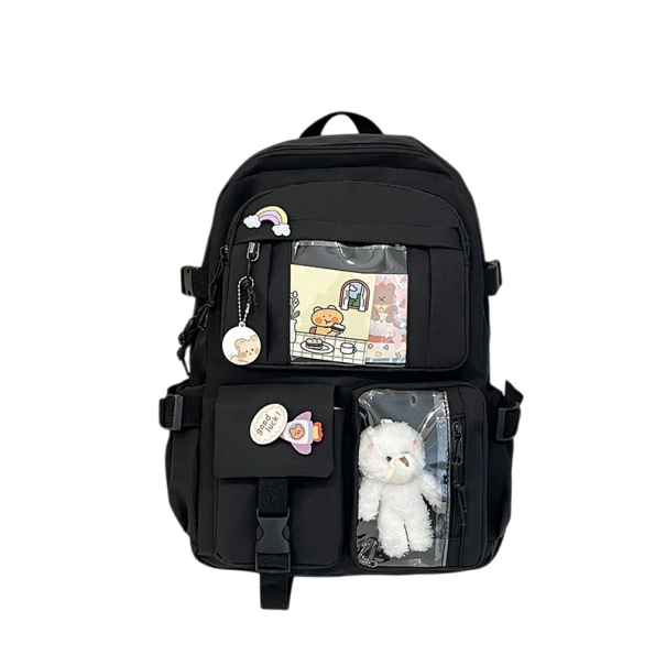 Snygg lättviktsryggsäck 39 x 30 x 13 cm Skolryggsäck i nylon med transparent ficka Lämplig för skolresor Till stan Studentryggsäck svart