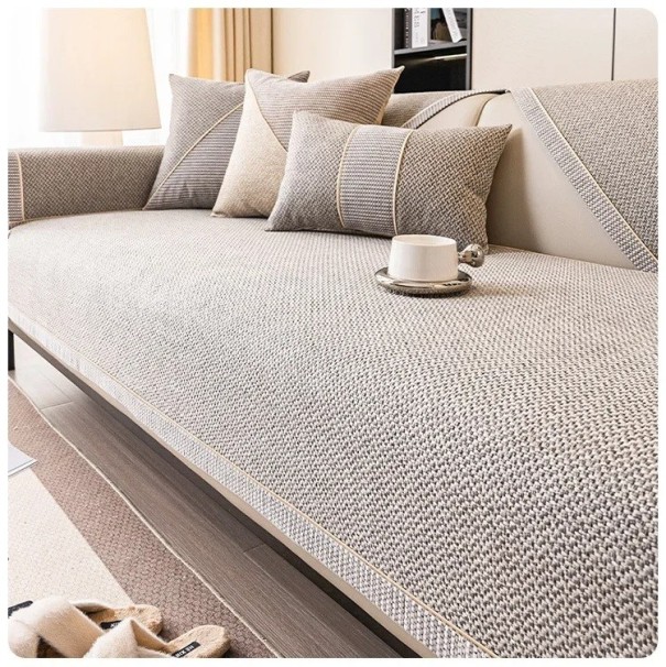 Sofabetræk i bomuld og hør, vævet sofabetræk, skridsikkert universalbetræk, egnet til alle årstider, 70x150cm beige