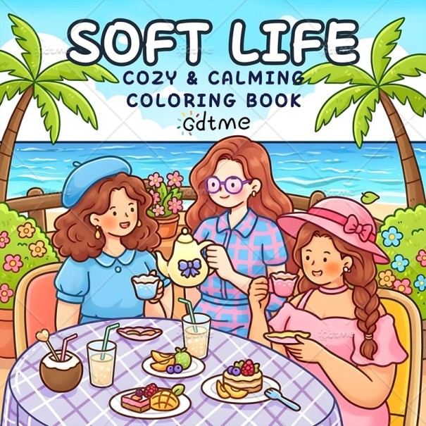 Soft Life Colouring Book with a Relaxation by the Sea Theme 20 × 20 cm 24 Pages Simple Drawings for Children and Adults Calm Colouring 1