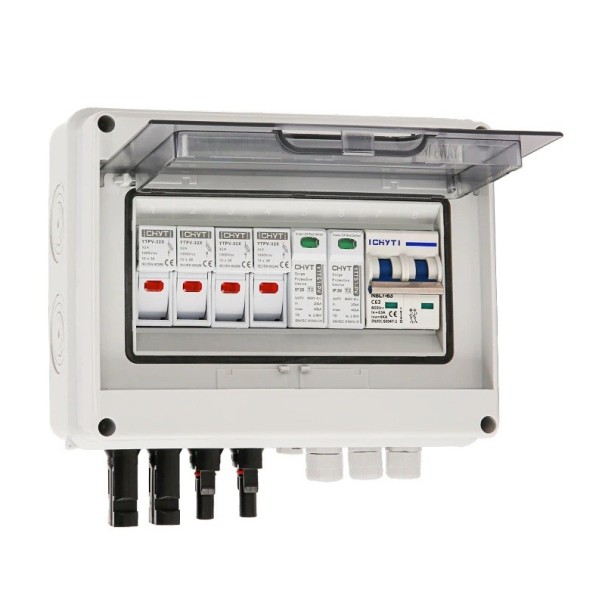 Solar FV Combiner 20 x 9 x 19 cm DC 600V 2 Inputs 1 Output Fuse 15A Circuit Breaker 63A SPD Surge Protection and Lightning Protection Waterproof Design IP65 1