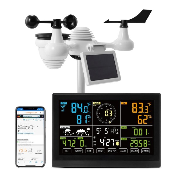 Solar Wi-Fi Weather Station with HD Display 7.5" 7-in-1 Sensor IPX6 Remote Measurement of Temperature, Wind and Precipitation Connection to Mobile Applications 1