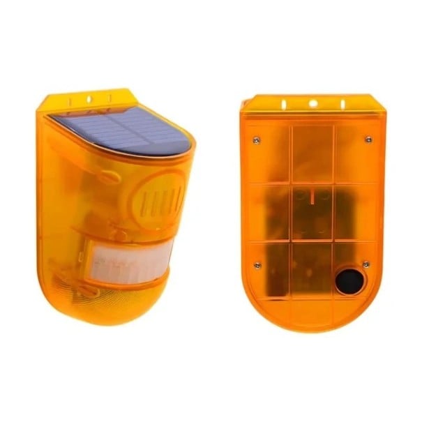 Solární poplašný systém s PIR detektorem pohybu, sirénou 110 dB, strobo LED, 4 režimy, voděodolný, 12 × 7,5 × 6,9 cm, na dům i zahradu oranžová
