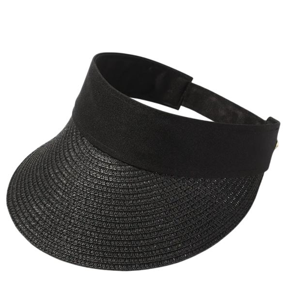 Sombrero de paja plegable para mujer, 56-58 cm, enrollable, de verano, con ala ancha y protección UV, parte superior vacía, transpirable para viajes. negro