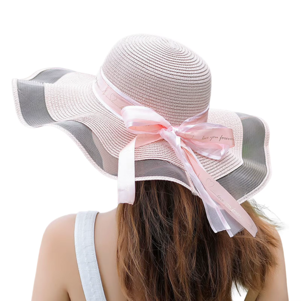 Sombrero de playa de paja de verano para mujer 54-58 cm Ala grande Protección UV Circunferencia ajustable Accesorio de moda para vacaciones rosa