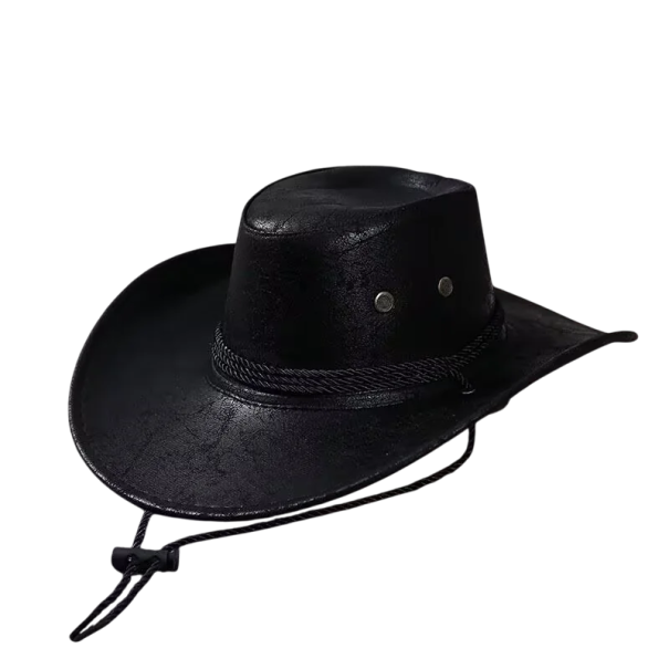 Sombrero de vaquero 56–58 cm Cuero sintético Ala ancha Cuerda decorativa y cordón bajo la barbilla Accesorio western estiloso para fiestas y carnaval negro