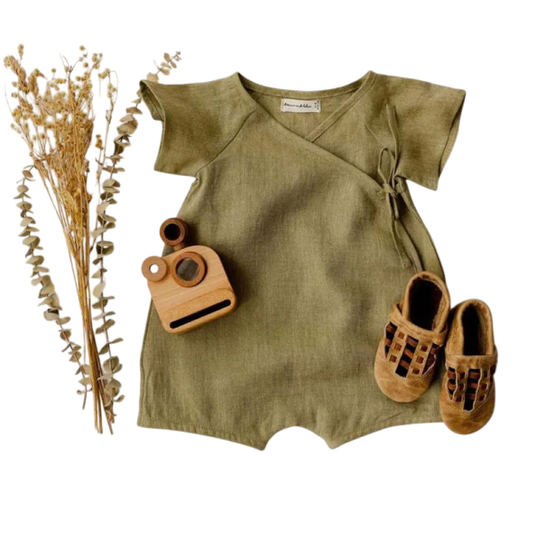 Sommer børneoveralls i hør og bomuld med korte ærmer Enkeltfarvet body med t-shirt og shorts Løs unisex overall til spædbørn og småbørn grøn 0-6 måneder