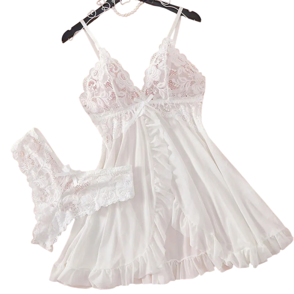 Sommer sexy dames natkjole med blonder Gennemsigtigt undertøj med V-udskæring Blød pyjamas i polyester inklusive stringtrusser Forskellige farver hvid M