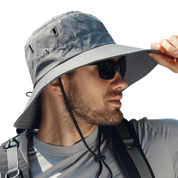 Sommerhut mit breiter Krempe für Herren, 55 – 58 cm, Sonnenschutz, atmungsaktives Material, verstellbarer Kordelzug, für Outdoor, Wandern, Camping grau