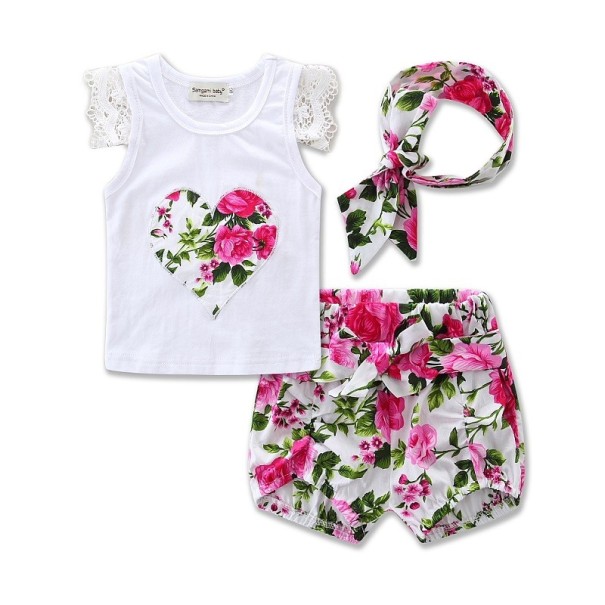 Sommerset für Mädchen mit Blumen – Oberteil, Shorts und Schal rosa 6-9 Monate