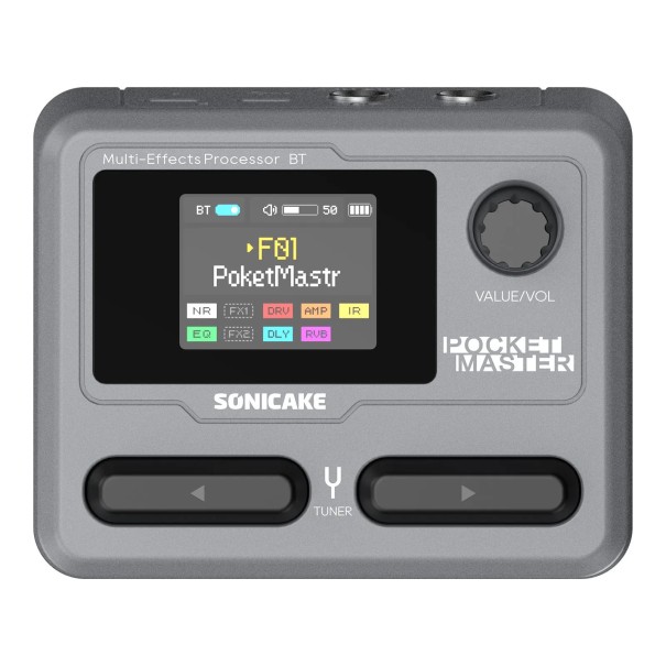 Sonicake Pocket Master Mini QME-10 grauer Multieffektpedal für Gitarre und Bass Gekennzeichnet durch ein farbiges LCD-Display Steuerung über App Eingebauter Verstärker